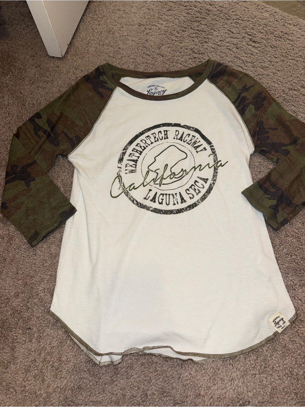 Laguna Seca Raceway Baseball Tee - White with Camo Sleeves